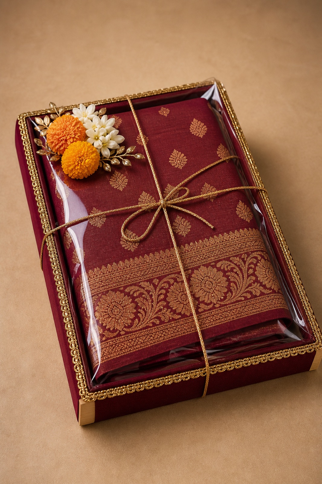 A maroon silk saree packed in a gold-trimmed tray with marigolds and jasmine