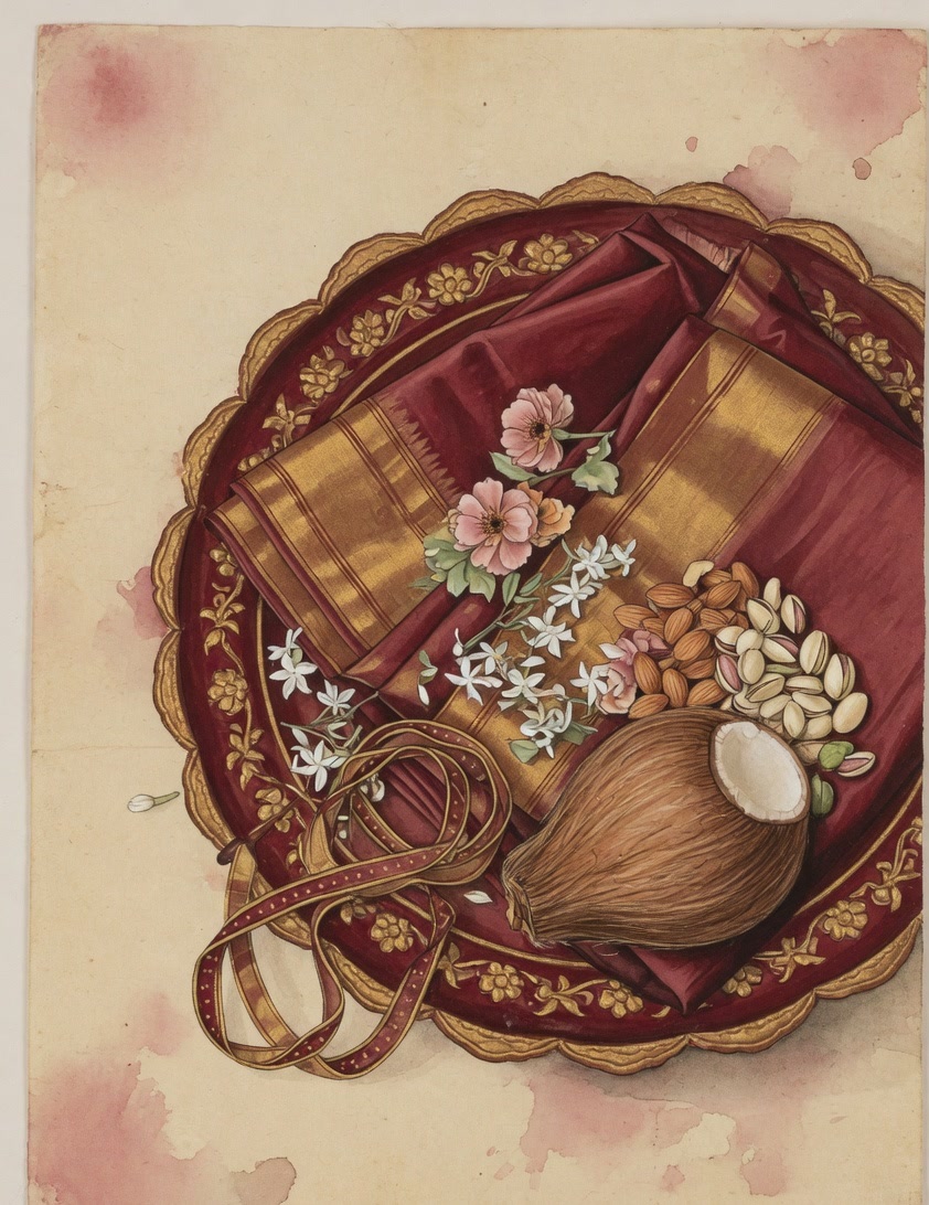 Painted top-down still life of a maroon and gold saree on a ceremonial thaal with coconut, almonds, pistachios, jasmine and ribbon